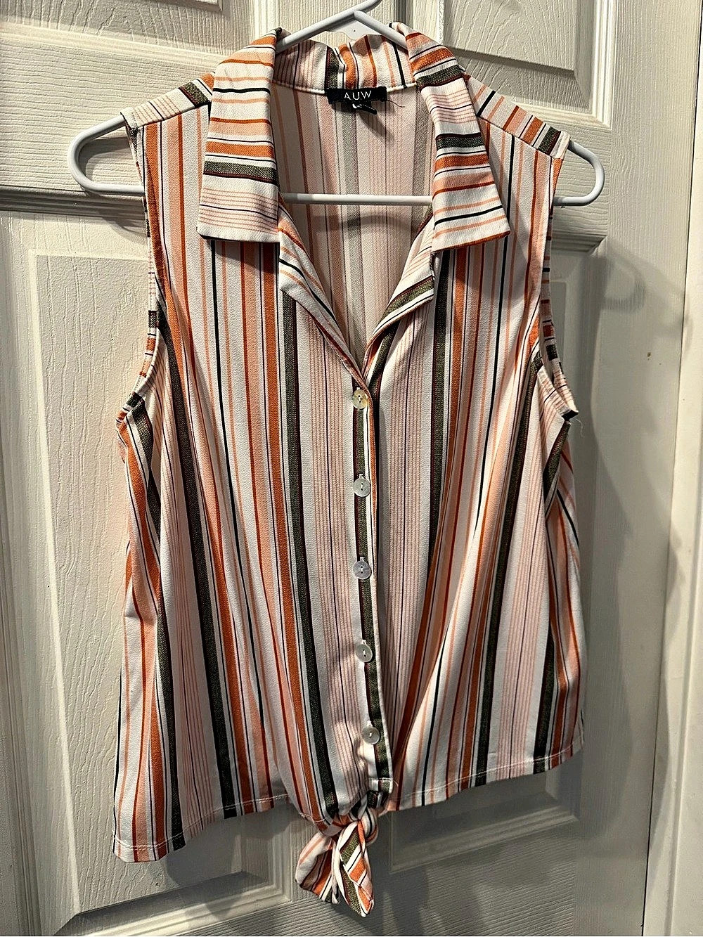 Avenue Striped Sleeveless Button Front Top in Orange & White